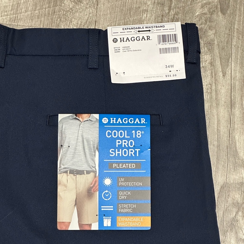 Men's Haggar 34 Medium Chino Khakis Shorts Navy Blue Elastic Waist Golf Pleated - Picture 6 of 8
